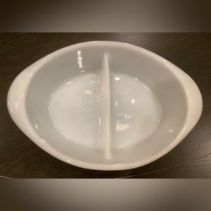 Rare Glasbake Milk Glass white oval divided dish with handles.